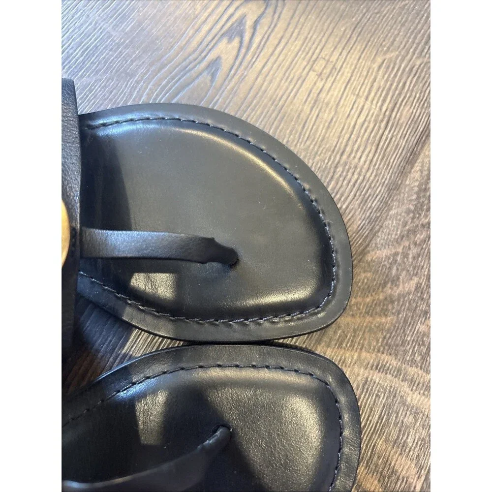Tory Burch Benton Band Black Gold Logo Calf Leather Sandals Sz 6 1/2 6.5 M